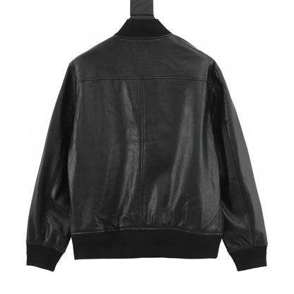 Burberry Logo Stand Collar Leather Bomber Jacket