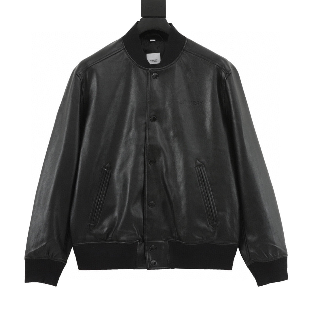 Burberry Logo Stand Collar Leather Bomber Jacket