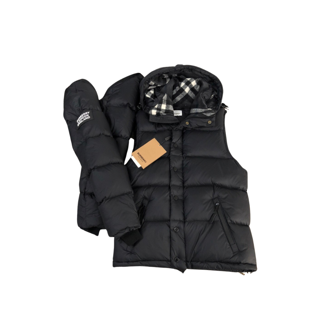 Burberry Quilted Nylon Down Hooded Jacket with Detachable Sleeves